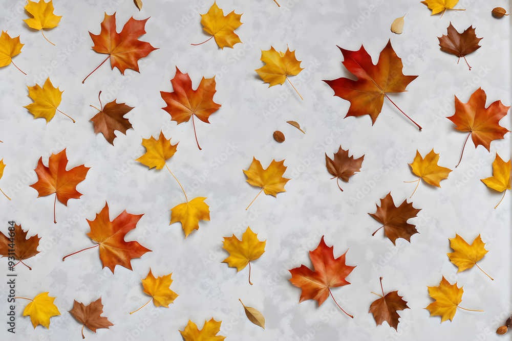 Different autumn leaves falling on beige grey background
Different autumn leaves falling on beige grey background