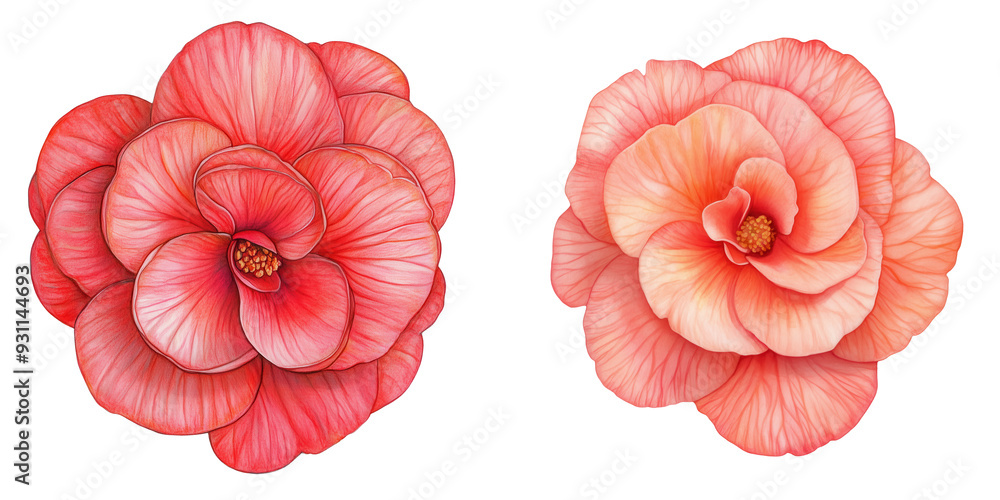 Two beautiful pink camellia flowers in full bloom, showcasing delicate petals and a vibrant color palette, perfect for design. Two beautiful pink camellia flowers in full bloom, showcasing delicate petals and a vibrant color palette, perfect for design.