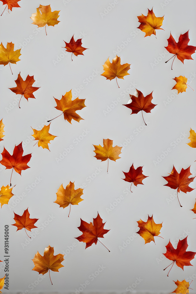 Different autumn leaves falling on beige grey background
Different autumn leaves falling on beige grey background