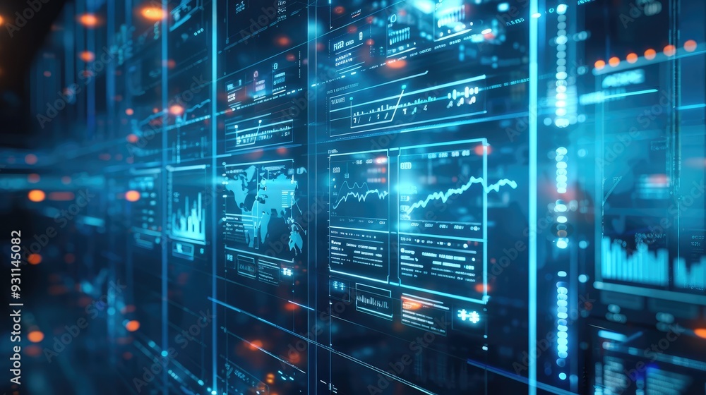 Fototapeta premium A digital background featuring blue data visualizations and graphs on glass screens, with an abstract tech-inspired theme. Generative AI.