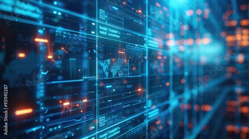 A digital background featuring blue data visualizations and graphs on glass screens, with an abstract tech-inspired theme. Generative AI.