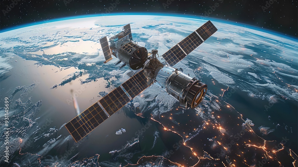 A satellite orbiting the Earth. The satellite, with large solar panels extending from its sides, appears to be in a low Earth orbit. The panels are meticulously crafted. Generative AI.