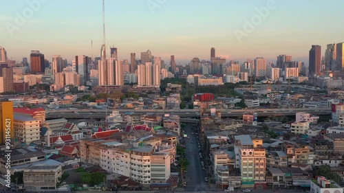 sunset light bangkok cityscape traffic road aerial panorama 4k thailand