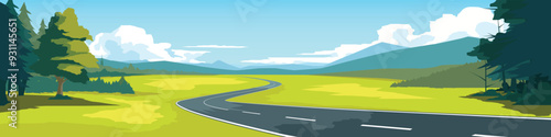 Curvy road on the meadow. Asphalt road leading to the destination ahead. Green fields surrounded by hills. Vector or Illustration transport and nature background for banner.