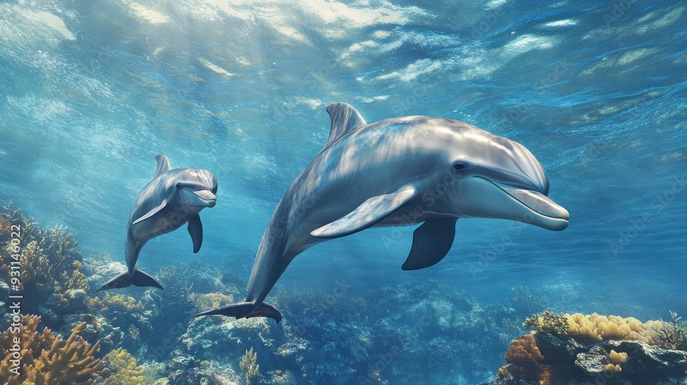 Obraz premium Dolphins swimming underwater with coral reef
