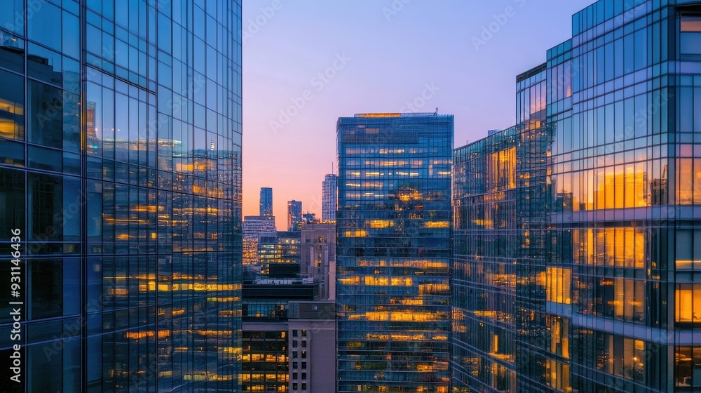 A cityscape at dusk showcasing modern glass buildings illuminated by warm lights. A cityscape at dusk showcasing modern glass buildings illuminated by warm lights.