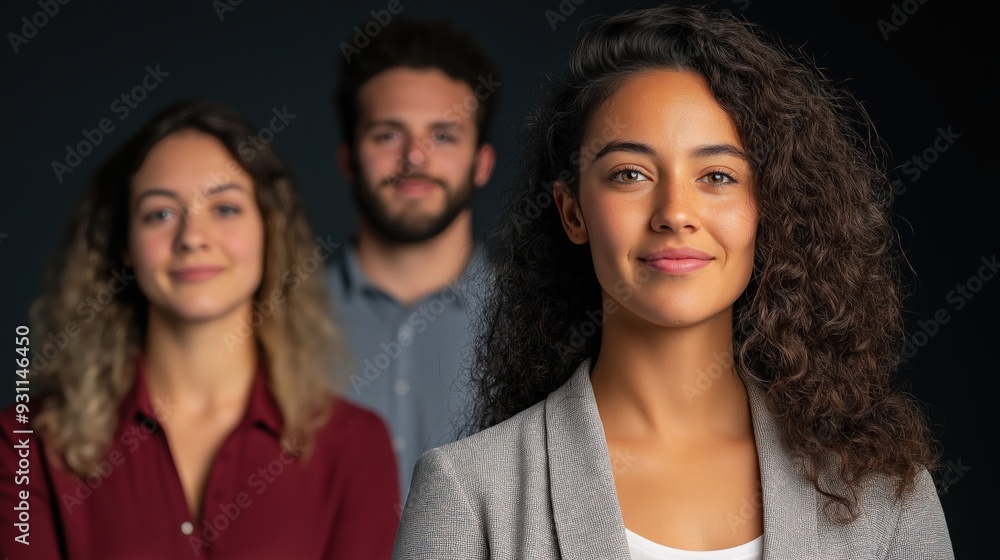 Fototapeta premium A group of young professionals face the camera against a dark background. 