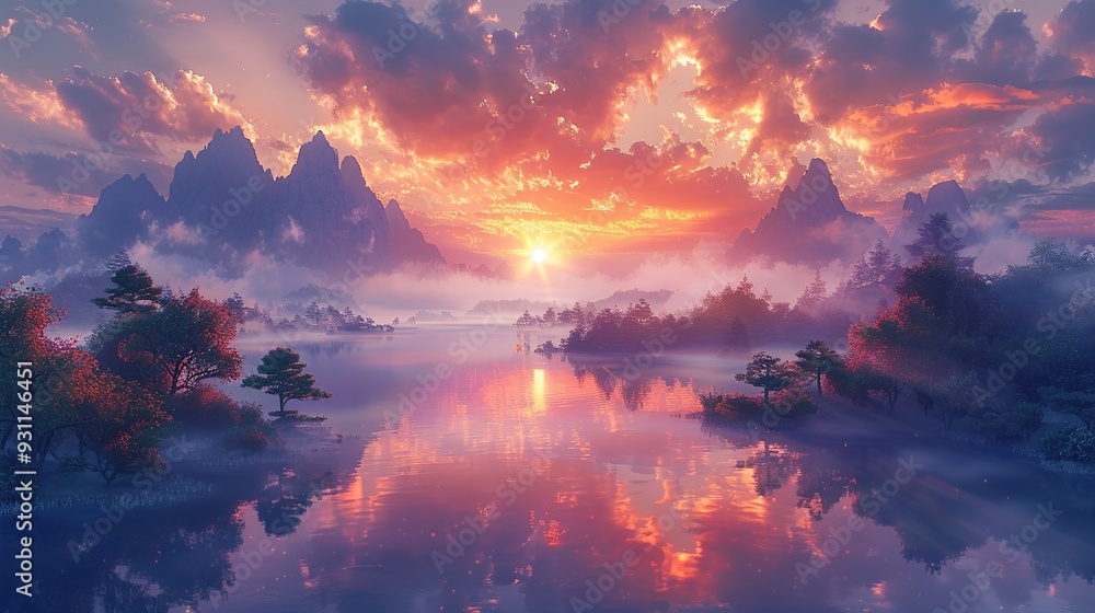 Serene Sunset Over Misty Mountains Serene Sunset Over Misty Mountains