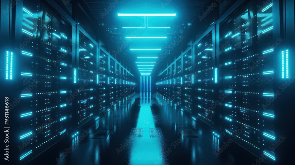 Blue Neon Lights in a Server Room Blue Neon Lights in a Server Room