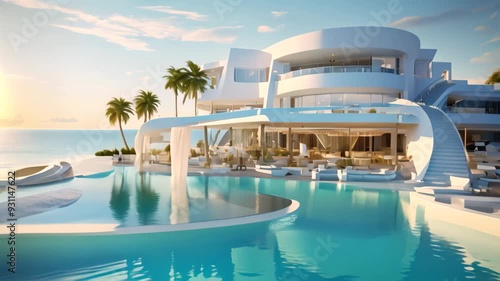 Swimming pool in luxury villa with sea view. 3d rendering, Sea view, a luxury modern white beach hotel with a swimming pool