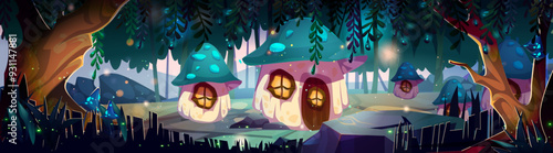 Magic fairy forest landscape with mushroom house with doors and windows among trees and bushes. Fantastic fairytale elf or gnomes village in dream woodland. Cartoon vector small mystery fungi home.