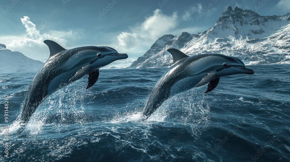 Fototapeta premium Dolphins Leaping in Front of Snowy Mountains