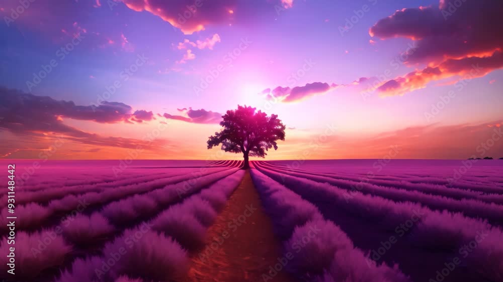 Lavender field at sunset in Provence, France, Stunning lavender field landscape at summer sunset with a single tree