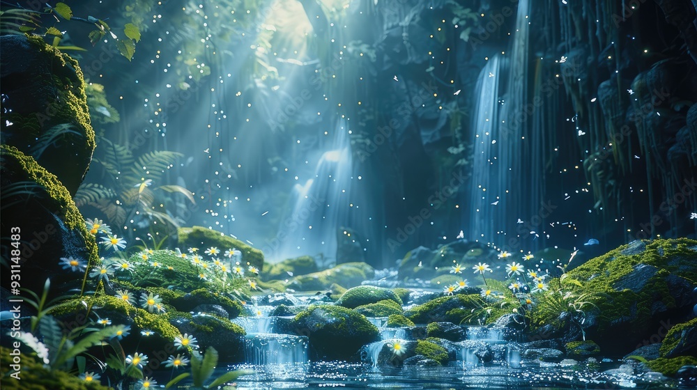 Obraz premium Ruins of ancient abandoned city overgrown with jasmine flowers in Cave in the forest with moss covered stones and fireflies and waterfall and blue glowing particles in the air. Generative AI.