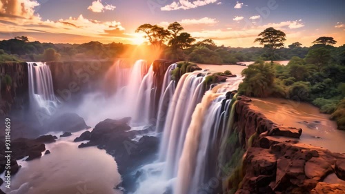 Wallpaper Mural A breathtaking view of a large waterfall surrounded by the vibrant colors of a sunset, The Iguazu Waterfalls in Brazil Torontodigital.ca