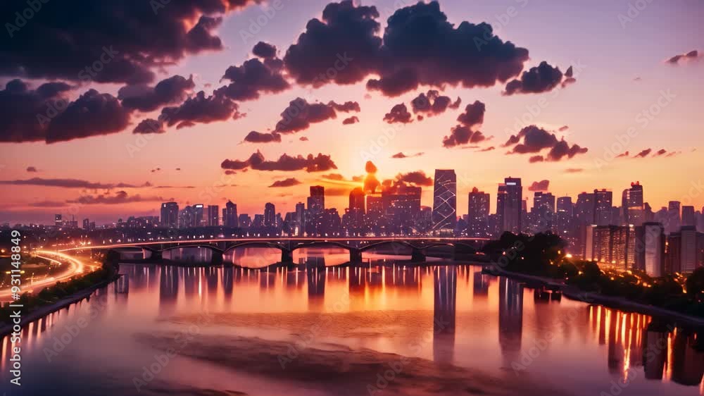 A stunning sunset over a river, with a city in the distance, creating a picturesque view, Twilight sky at Han River in Seoul city, South Korea A stunning sunset over a river, with a city in the distance, creating a picturesque view, Twilight sky at Han River in Seoul city, South Korea