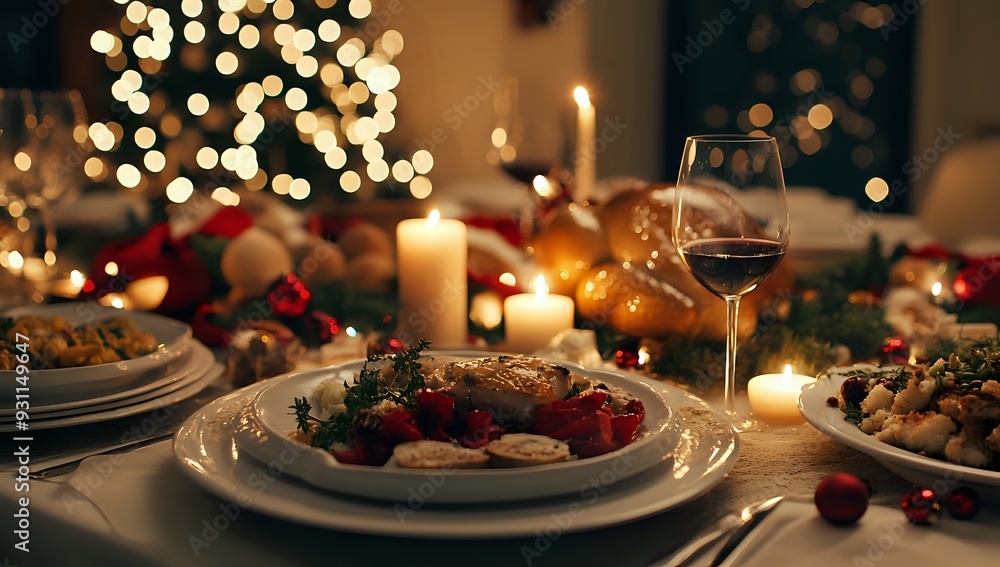 Fototapeta premium A Festive Christmas Dinner Table Setting with Red Wine, Candles, and Delicious Food