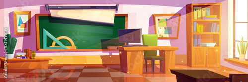 School classroom interior with teacher table and green chalkboard on wall, geometric rulers, books and folders in cabinet, education schemes and posters, computer and plants. Cartoon vector schoolroom