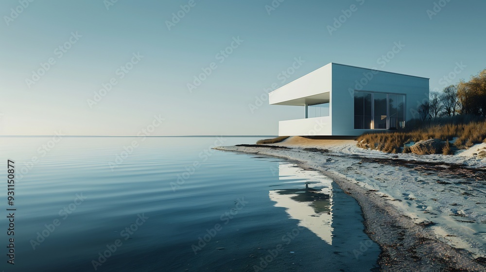 Modern White House on a Sandy Beach with Calm Water and Blue Sky Modern White House on a Sandy Beach with Calm Water and Blue Sky