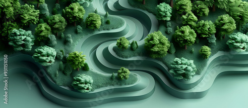 Forest River Flowing Through Lush Paper Landscape in Pastel