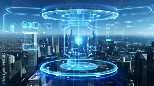 Wallpaper Mural Futuristic city skyline with digital overlays, showcasing technology and innovation in a vibrant urban environment. Torontodigital.ca