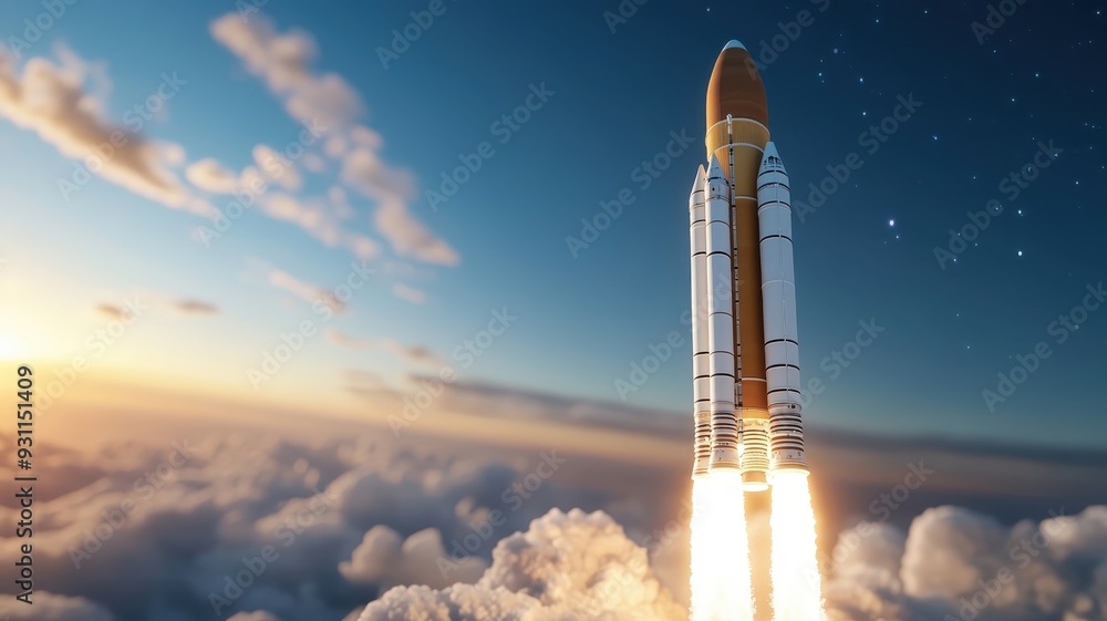 Space rocket on launch pad, bathed in morning sunlight.