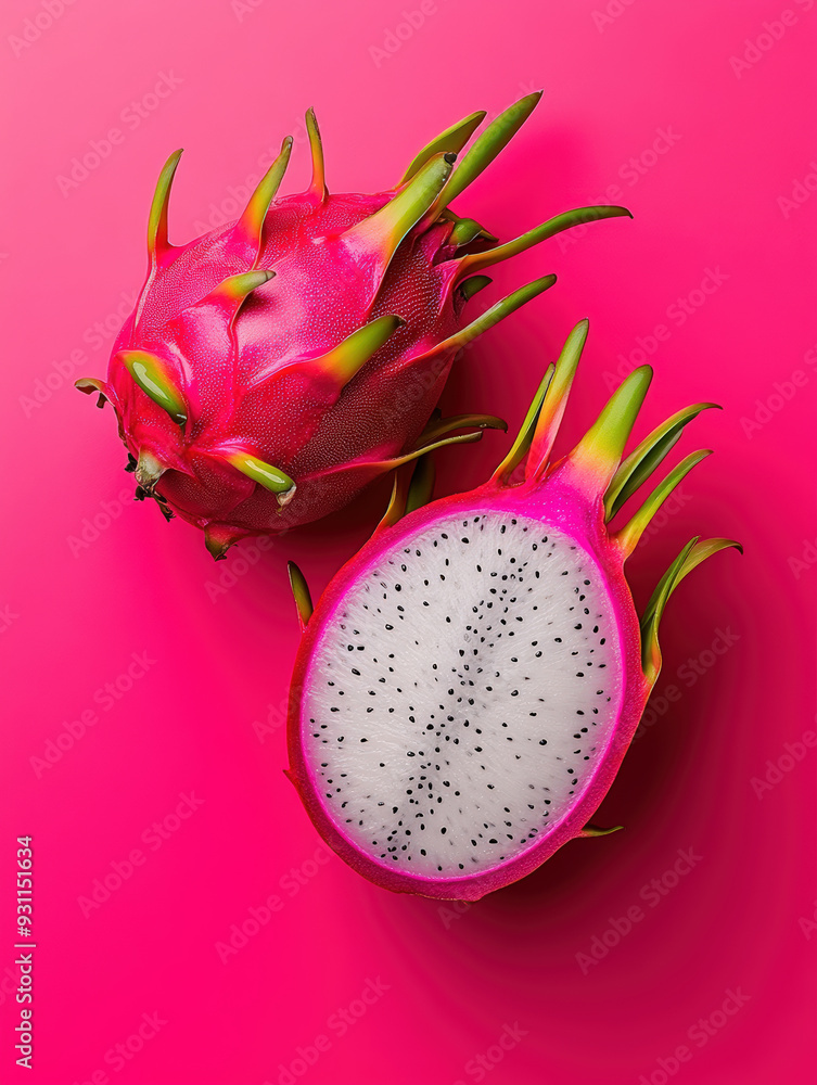 Vibrant close-up of fresh dragon fruit on a bright pink background highlighting its colorful contrast Vibrant close-up of fresh dragon fruit on a bright pink background highlighting its colorful contrast