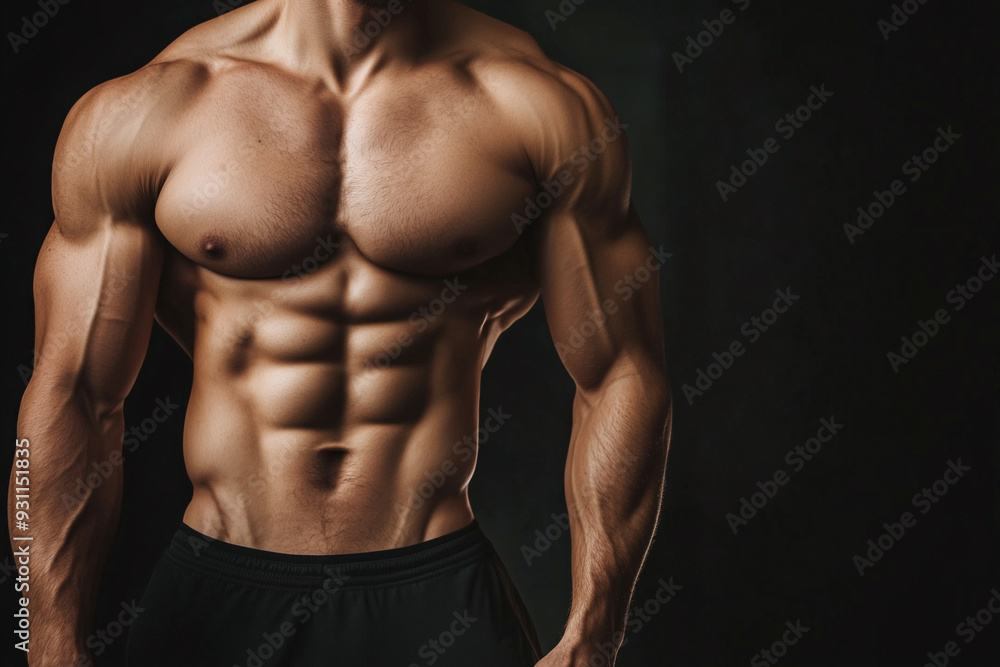 man with a muscular body is standing in front of a blue background. The man is wearing black shorts and a shirt. Concept of strength and confidence man with a muscular body is standing in front of a blue background. The man is wearing black shorts and a shirt. Concept of strength and confidence