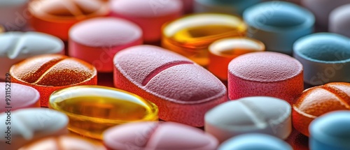 Colorful macro photograph of assorted pills and capsules scattered on red surface