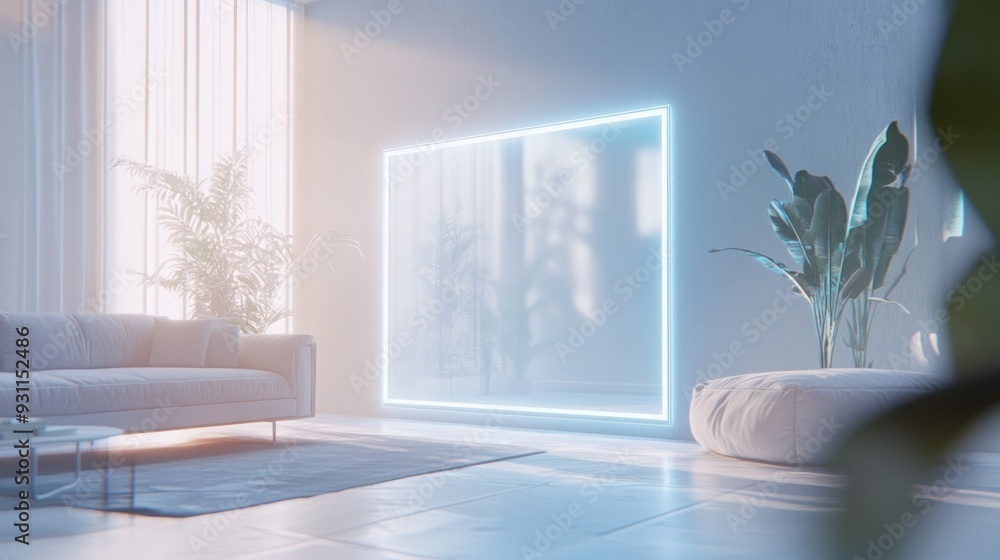 White Modern Living Room with Illuminated Wall and Plants White Modern Living Room with Illuminated Wall and Plants