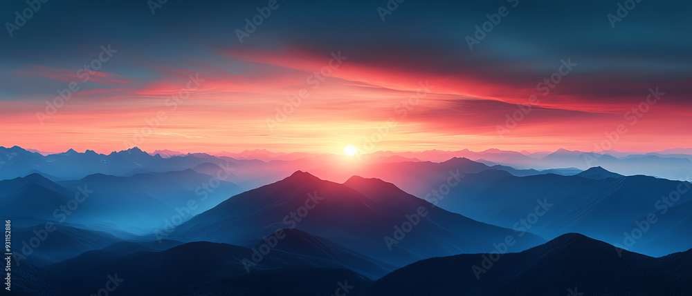 Panoramic view of a sunset with wideangle perspective, mountains silhouetted against the glowing sky, highdefinition, majestic and serene landscape Panoramic view of a sunset with wideangle perspective, mountains silhouetted against the glowing sky, highdefinition, majestic and serene landscape