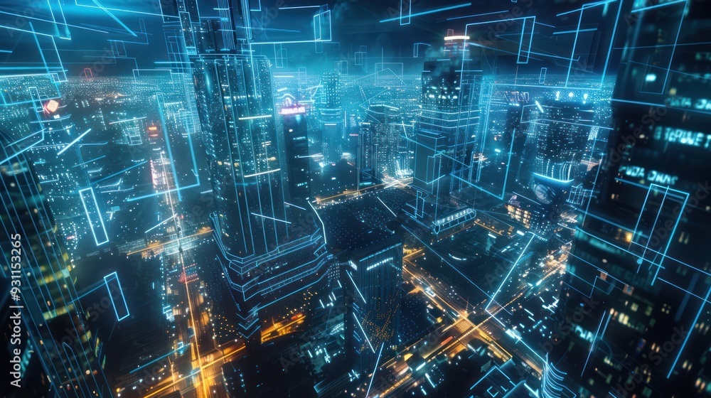 Futuristic Cityscape with Digital Network Futuristic Cityscape with Digital Network