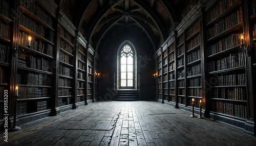 Wallpaper Mural an old, wooden library with bookshelves on either side and a window at the end. The room has a cathedral-like ceiling and is filled with sunlight. There are several flickering candles  Torontodigital.ca