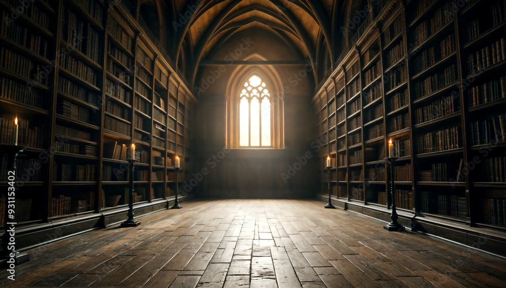 Fototapeta premium an old, wooden library with bookshelves on either side and a window at the end. The room has a cathedral-like ceiling and is filled with sunlight. There are several flickering candles 
