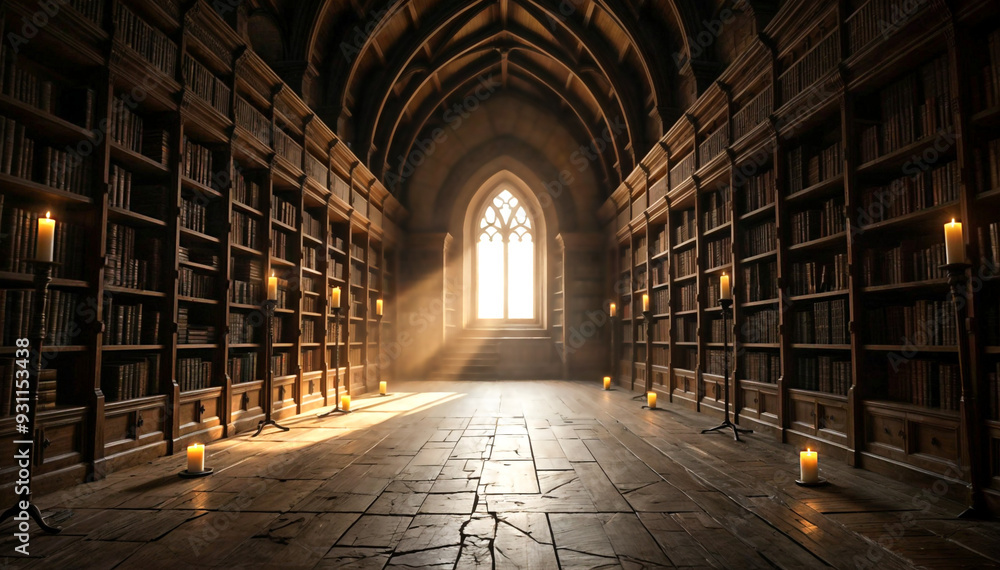 an old, wooden library with bookshelves on either side and a window at the end. The room has a cathedral-like ceiling and is filled with sunlight. There are several flickering candles an old, wooden library with bookshelves on either side and a window at the end. The room has a cathedral-like ceiling and is filled with sunlight. There are several flickering candles