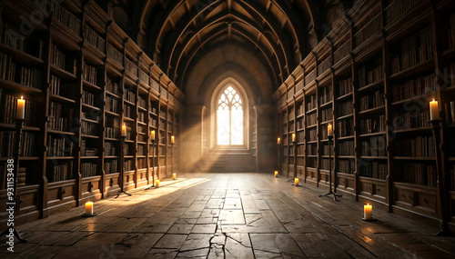 an old, wooden library with bookshelves on either side and a window at the end. The room has a cathedral-like ceiling and is filled with sunlight. There are several flickering candles 