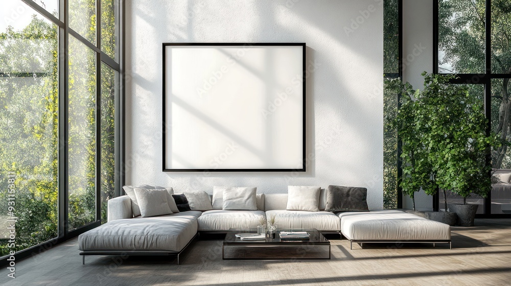 Modern Living Room with a Large Blank Canvas and White Sectional Sofa Modern Living Room with a Large Blank Canvas and White Sectional Sofa