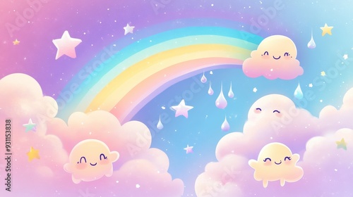 A colorful, whimsical scene featuring smiling clouds, a rainbow, and stars in a dreamy sky.