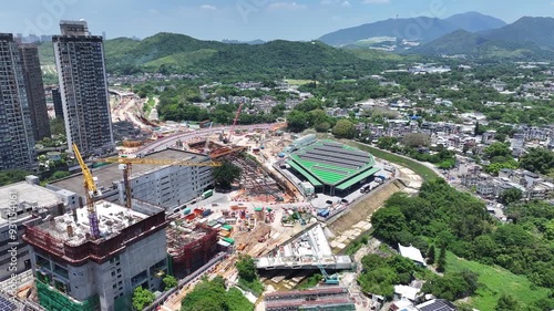 Construction of Hong Kong Fanling Bypass, a vital road transportation infrastructure connecting Northern Metropolis, utilizing innovative concrete steel components expected to build highway flyover photo