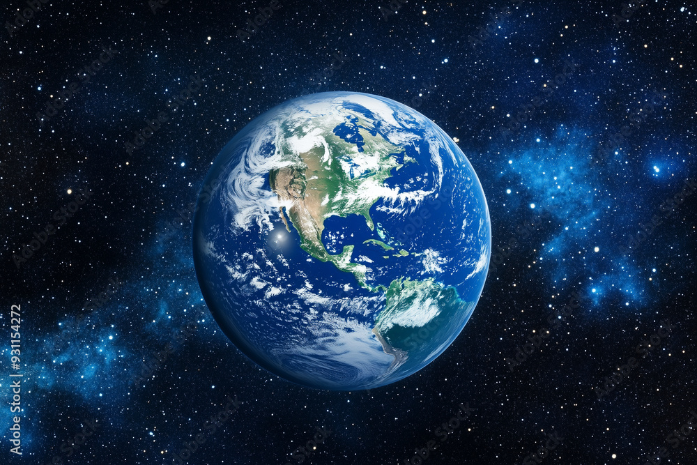 blue and white planet with a white cloud in the sky. The planet is surrounded by stars and the sky is dark blue and white planet with a white cloud in the sky. The planet is surrounded by stars and the sky is dark