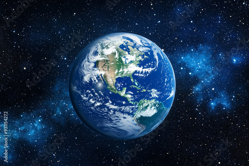 blue and white planet with a white cloud in the sky. The planet is surrounded by stars and the sky is dark