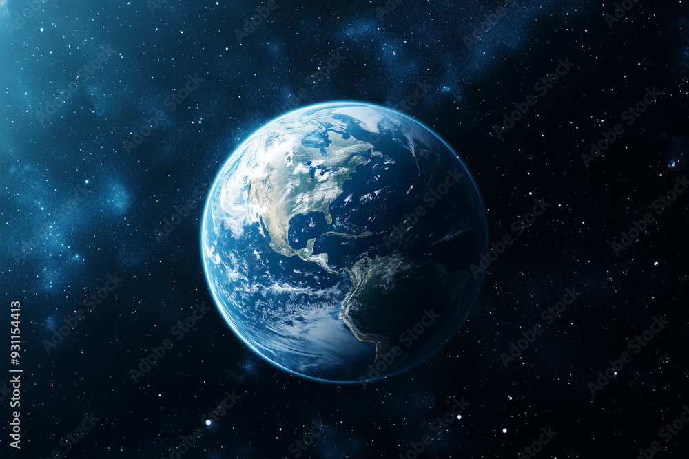 blue and white planet with a white cloud in the sky. The planet is surrounded by stars and the sky is dark blue and white planet with a white cloud in the sky. The planet is surrounded by stars and the sky is dark