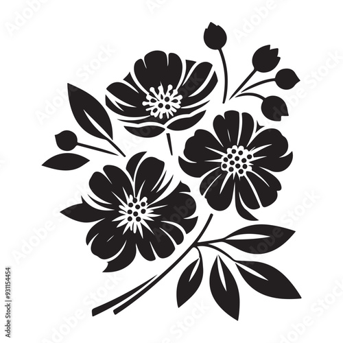 Vector black silhouettes of flowers isolated on a white background, Flowers silhouette, vector images illustration