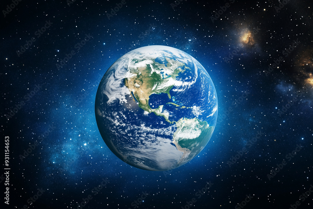 blue and white planet with a white cloud in the sky. The planet is surrounded by stars and the sky is dark blue and white planet with a white cloud in the sky. The planet is surrounded by stars and the sky is dark