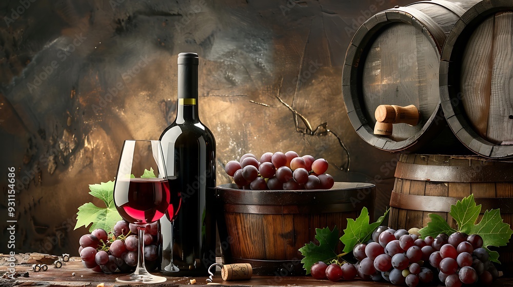 Fototapeta premium Beautiful still life image of a bottle and glass of red wine, grapes, and wooden barrels in a rustic setting.