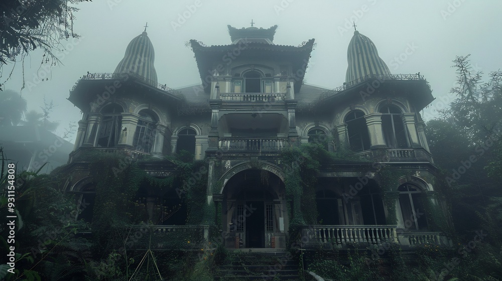 Obraz premium Overgrown Abandoned Mansion in Foggy Forest