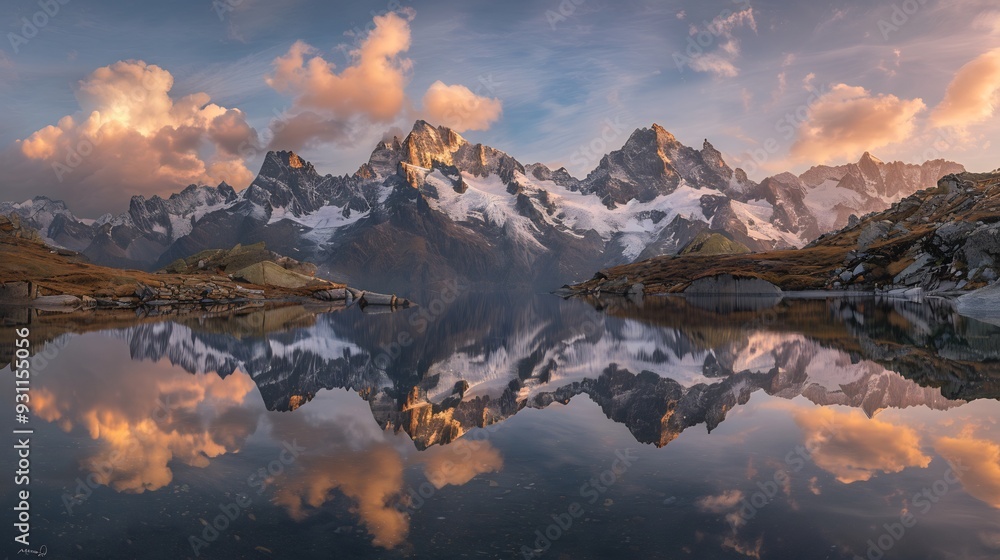 Mountain Range Reflected in Still Water at Sunset Mountain Range Reflected in Still Water at Sunset