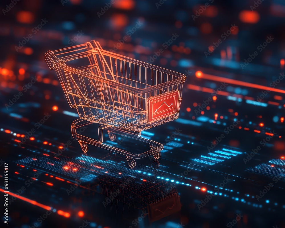 Abstract shopping cart floating in a futuristic digital environment, representing the evolution of ecommerce trends Abstract shopping cart floating in a futuristic digital environment, representing the evolution of ecommerce trends