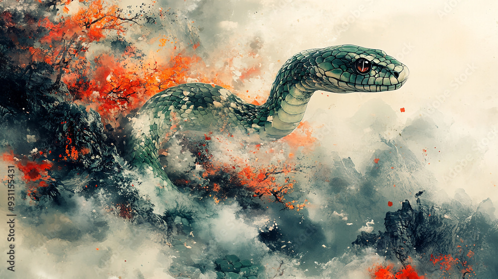 Illustration of a green snake. Chinese painting, Anime style, game style, Comic style. Illustration of a green snake. Chinese painting, Anime style, game style, Comic style.