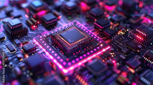 Close-up of a glowing microchip on a circuit board with vibrant neon lights, depicting advanced technology and futuristic electronics. photo